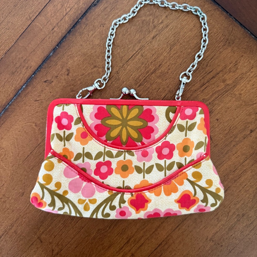 Vera Bradley Floral Kiss Lock Clutch Bag Red Patent Trim Detachable Chain Strap